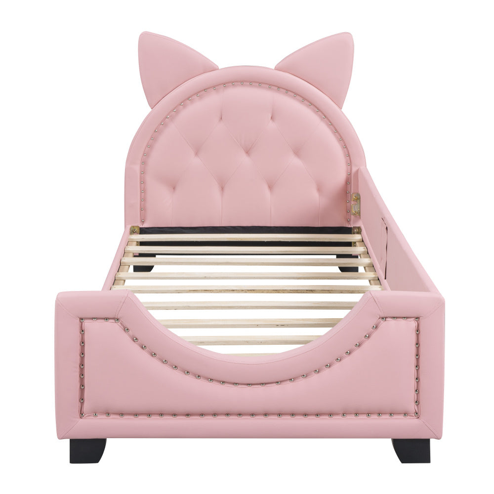 Lit bébé 90x200 en forme d'oreilles en carton avec sommier à lattes et dossier en bois rose