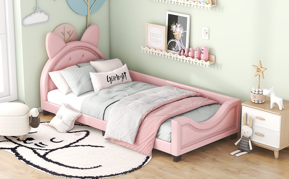 Lit bébé 90x200 en forme d'oreilles en carton avec sommier à lattes et dossier en bois rose
