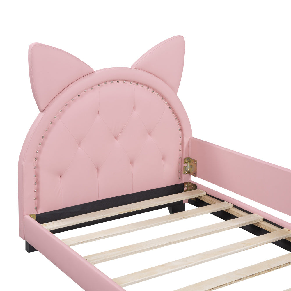 Lit bébé 90x200 en forme d'oreilles en carton avec sommier à lattes et dossier en bois rose