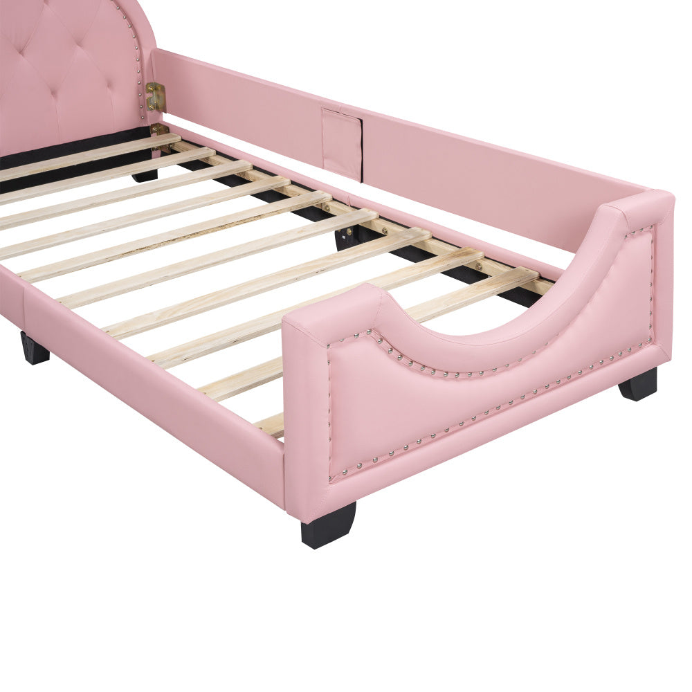 Lit bébé 90x200 en forme d'oreilles en carton avec sommier à lattes et dossier en bois rose