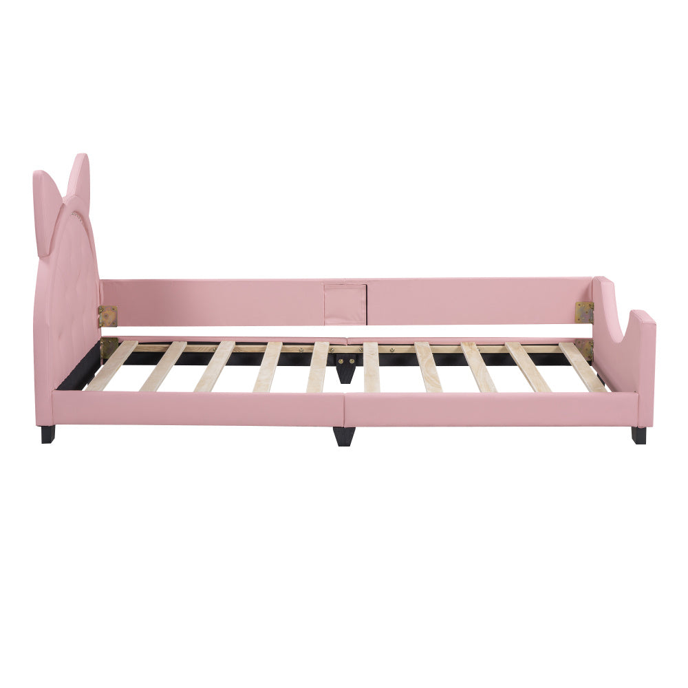 Lit bébé 90x200 en forme d'oreilles en carton avec sommier à lattes et dossier en bois rose