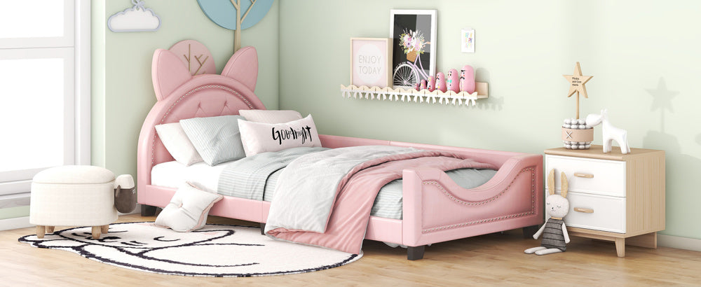 Lit bébé 90x200 en forme d'oreilles en carton avec sommier à lattes et dossier en bois rose