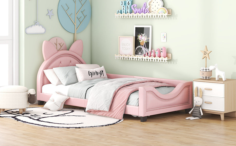 Lit bébé 90x200 en forme d'oreilles en carton avec sommier à lattes et dossier en bois rose
