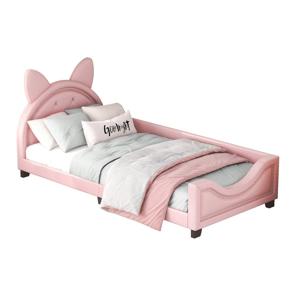 Lit bébé 90x200 en forme d'oreilles en carton avec sommier à lattes et dossier en bois rose
