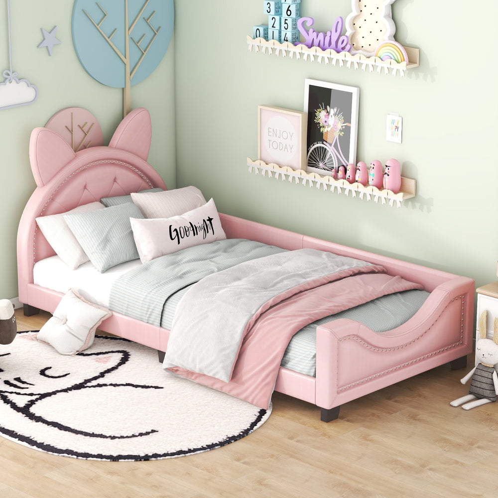 Lit bébé 90x200 en forme d'oreilles en carton avec sommier à lattes et dossier en bois rose