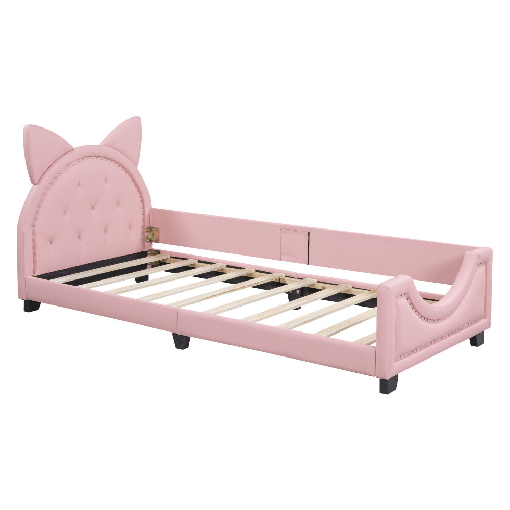 Lit bébé 90x200 en forme d'oreilles en carton avec sommier à lattes et dossier en bois rose
