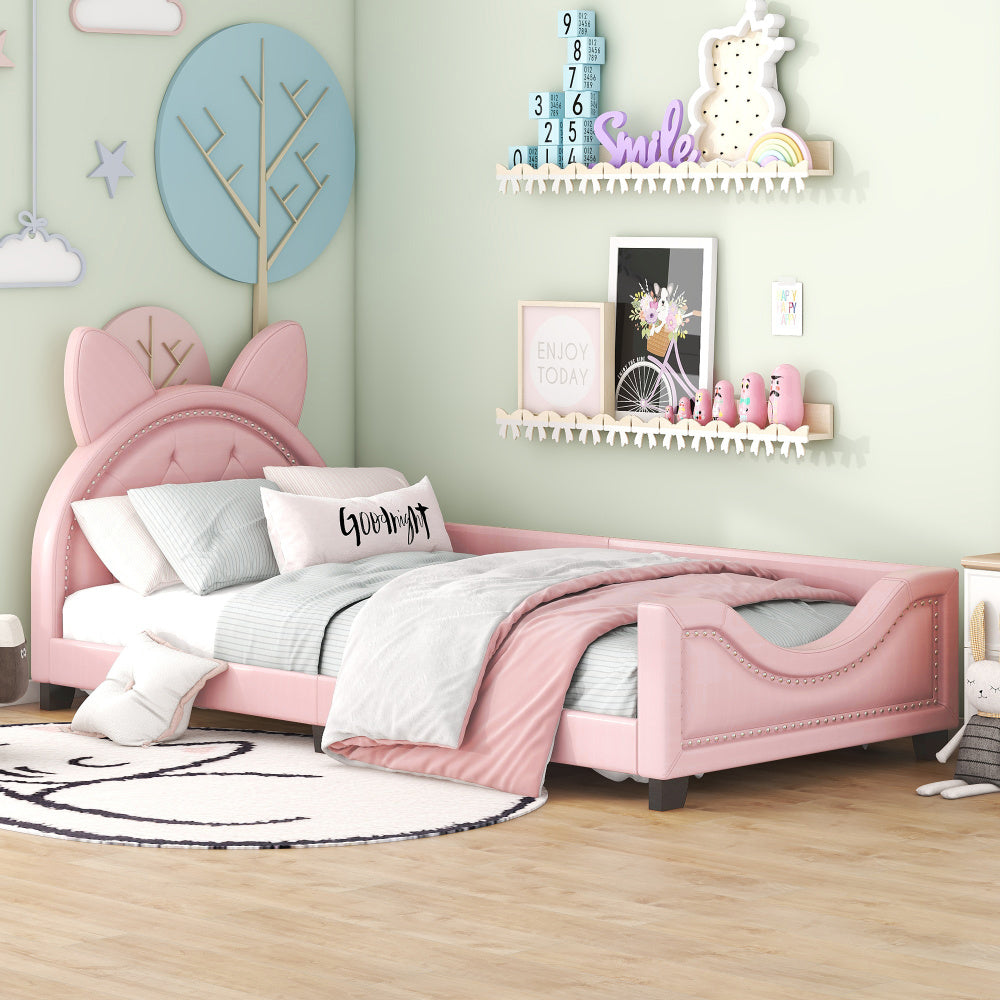 Lit bébé 90x200 en forme d'oreilles en carton avec sommier à lattes et dossier en bois rose