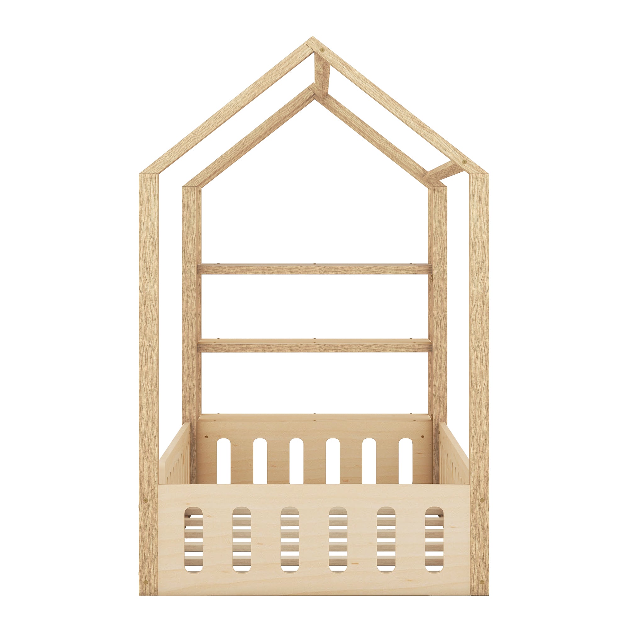 Lits enfants 90 x 200 cm, lits plats, lits maison avec balustrade, lits enfants avec 3 étagères, blanc