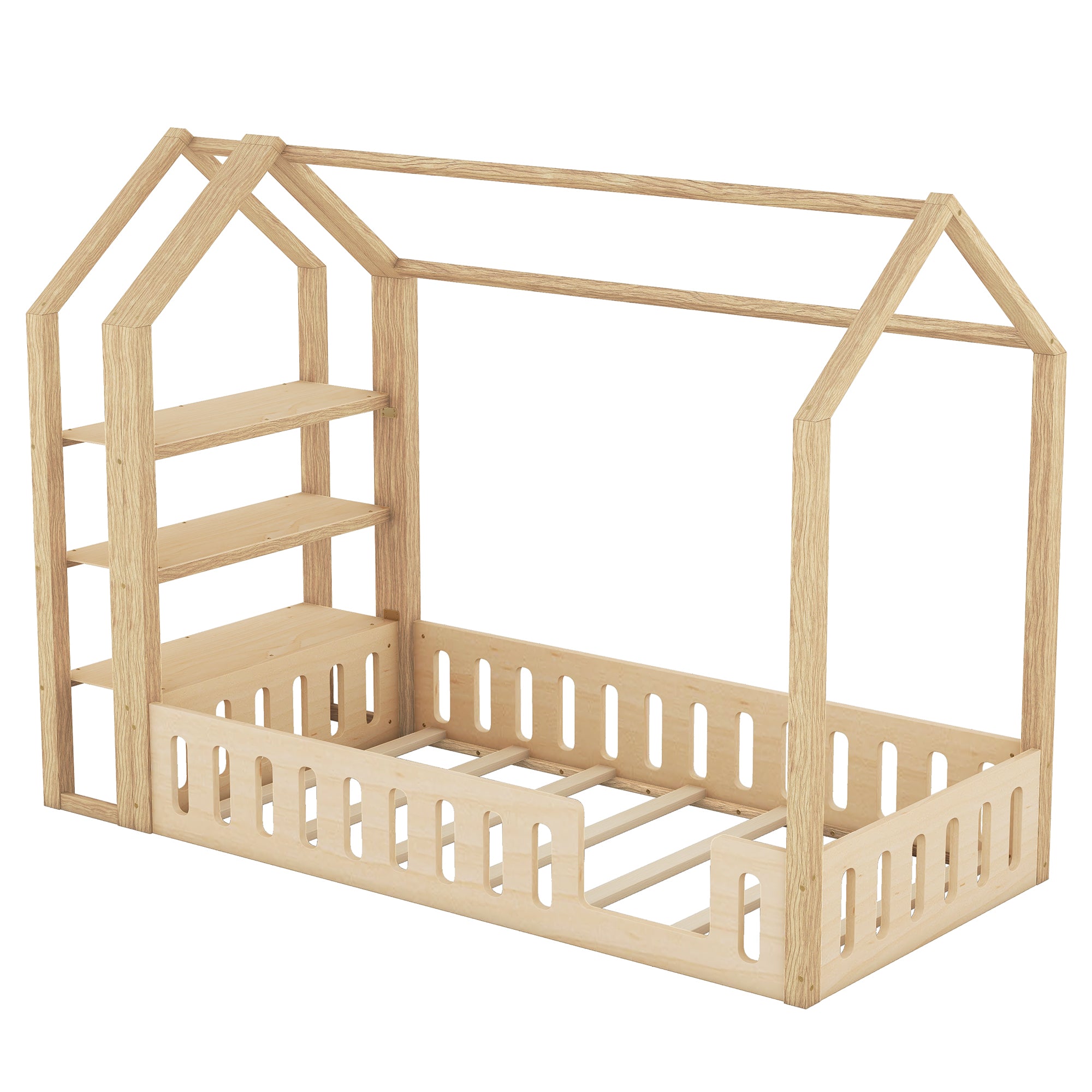 Lits enfants 90 x 200 cm, lits plats, lits maison avec balustrade, lits enfants avec 3 étagères, blanc