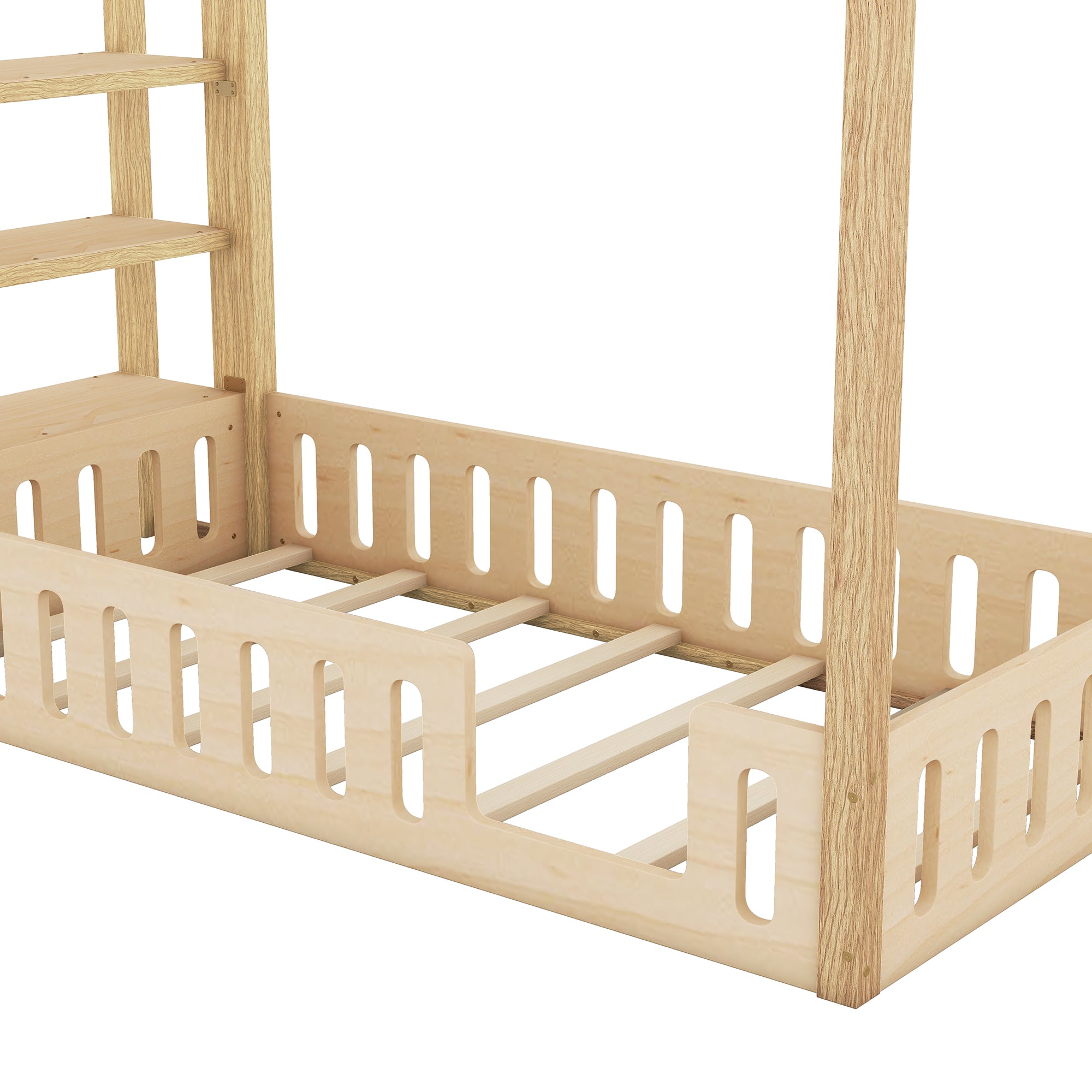 Lits enfants 90 x 200 cm, lits plats, lits maison avec balustrade, lits enfants avec 3 étagères, blanc