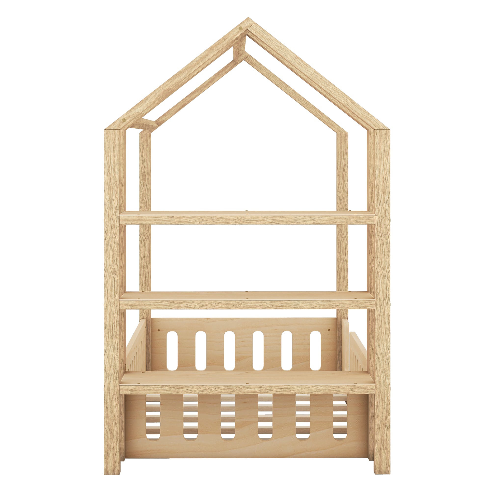 Lits enfants 90 x 200 cm, lits plats, lits maison avec balustrade, lits enfants avec 3 étagères, blanc