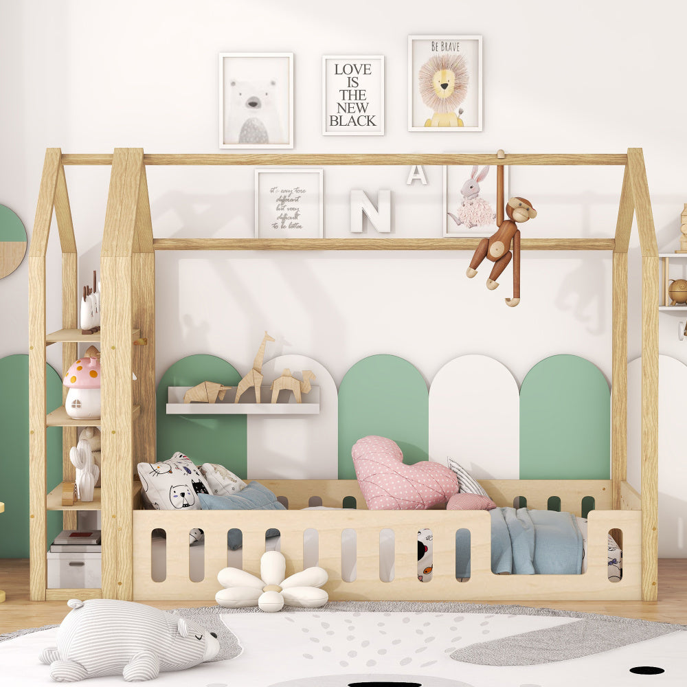 Lits enfants 90 x 200 cm, lits plats, lits maison avec balustrade, lits enfants avec 3 étagères, blanc