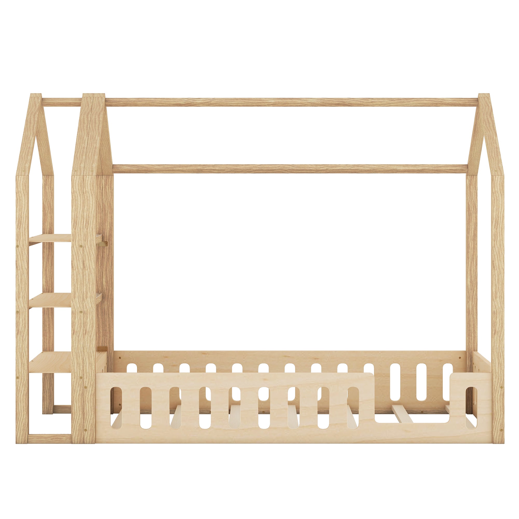 Lits enfants 90 x 200 cm, lits plats, lits maison avec balustrade, lits enfants avec 3 étagères, blanc