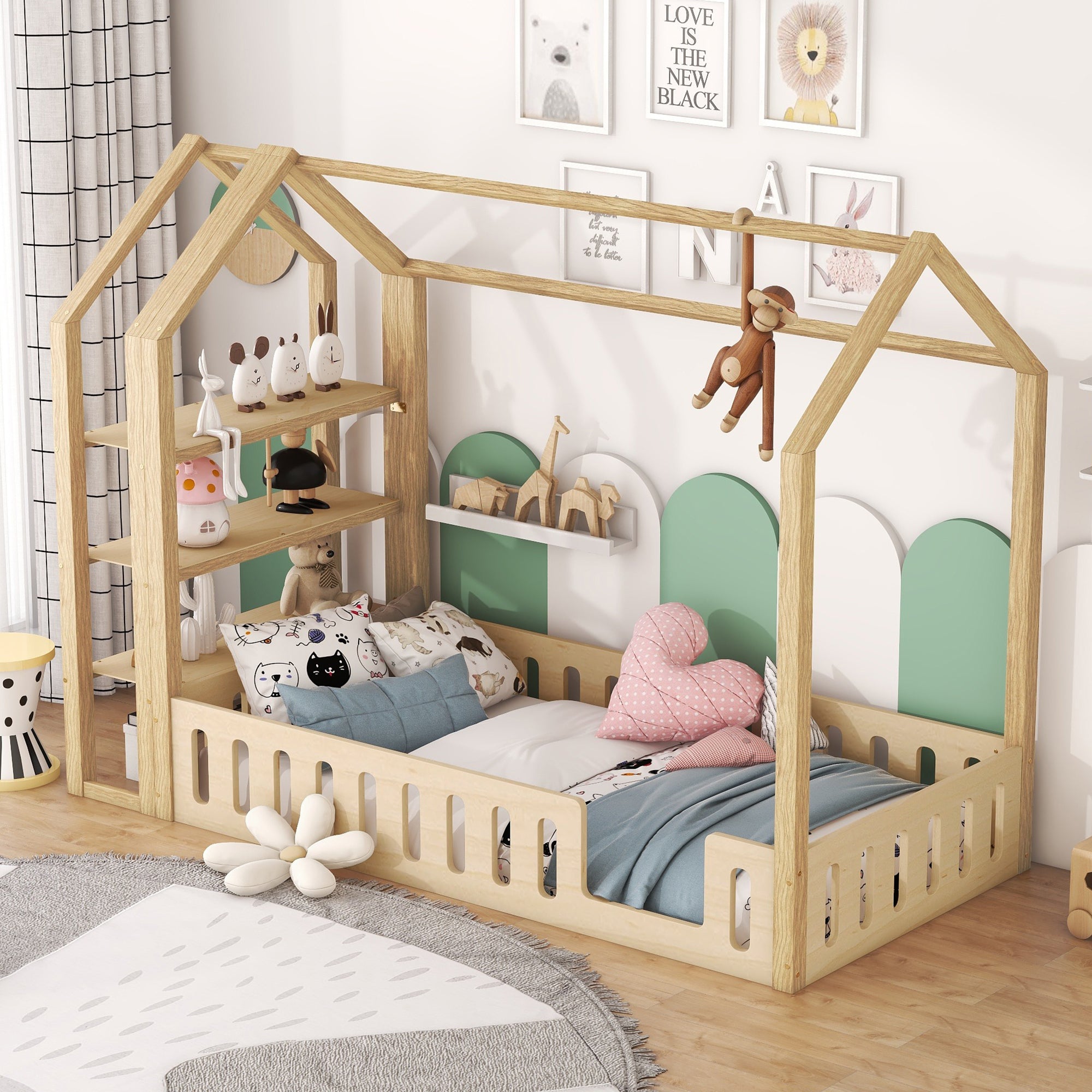 Lits enfants 90 x 200 cm, lits plats, lits maison avec balustrade, lits enfants avec 3 étagères, blanc