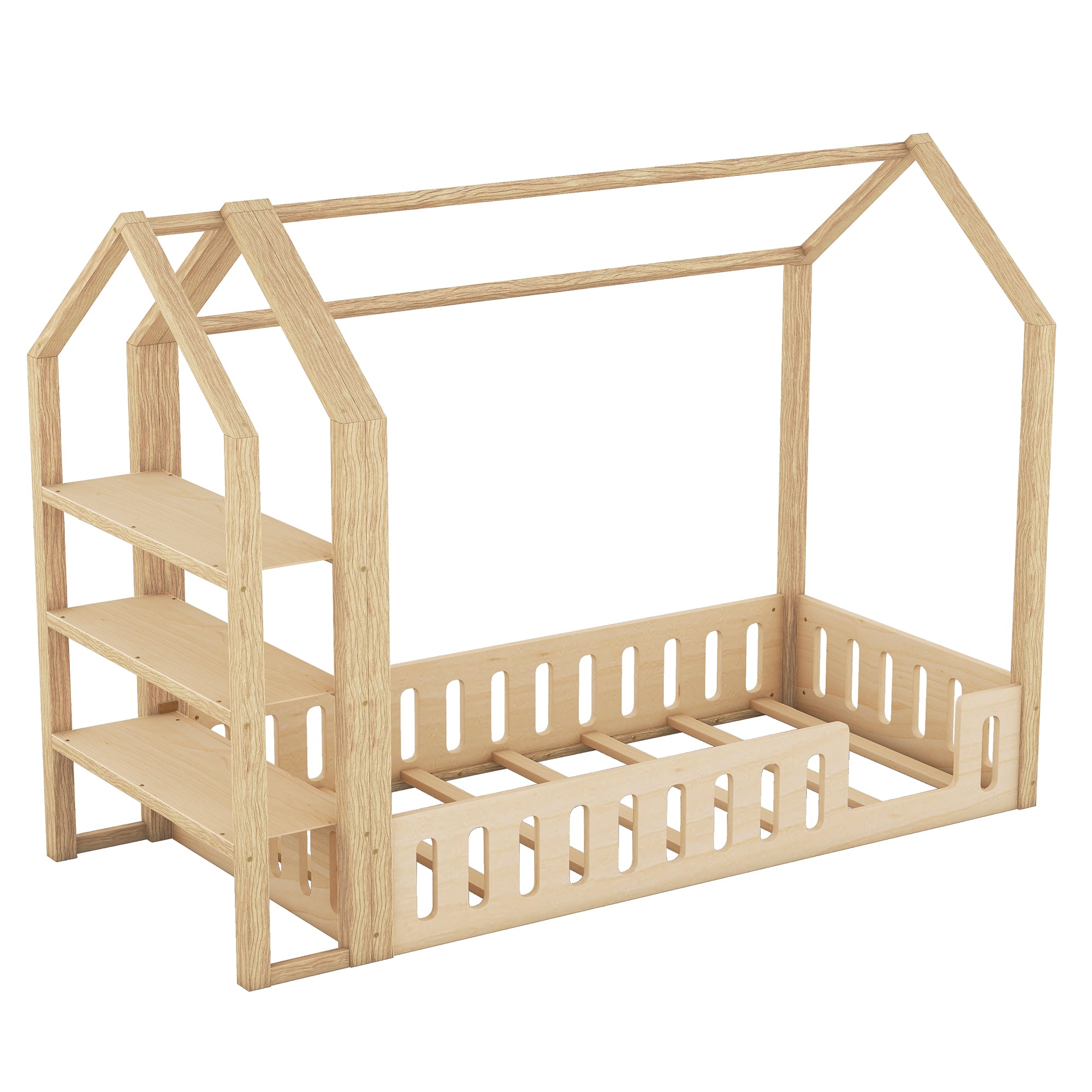Lits enfants 90 x 200 cm, lits plats, lits maison avec balustrade, lits enfants avec 3 étagères, blanc