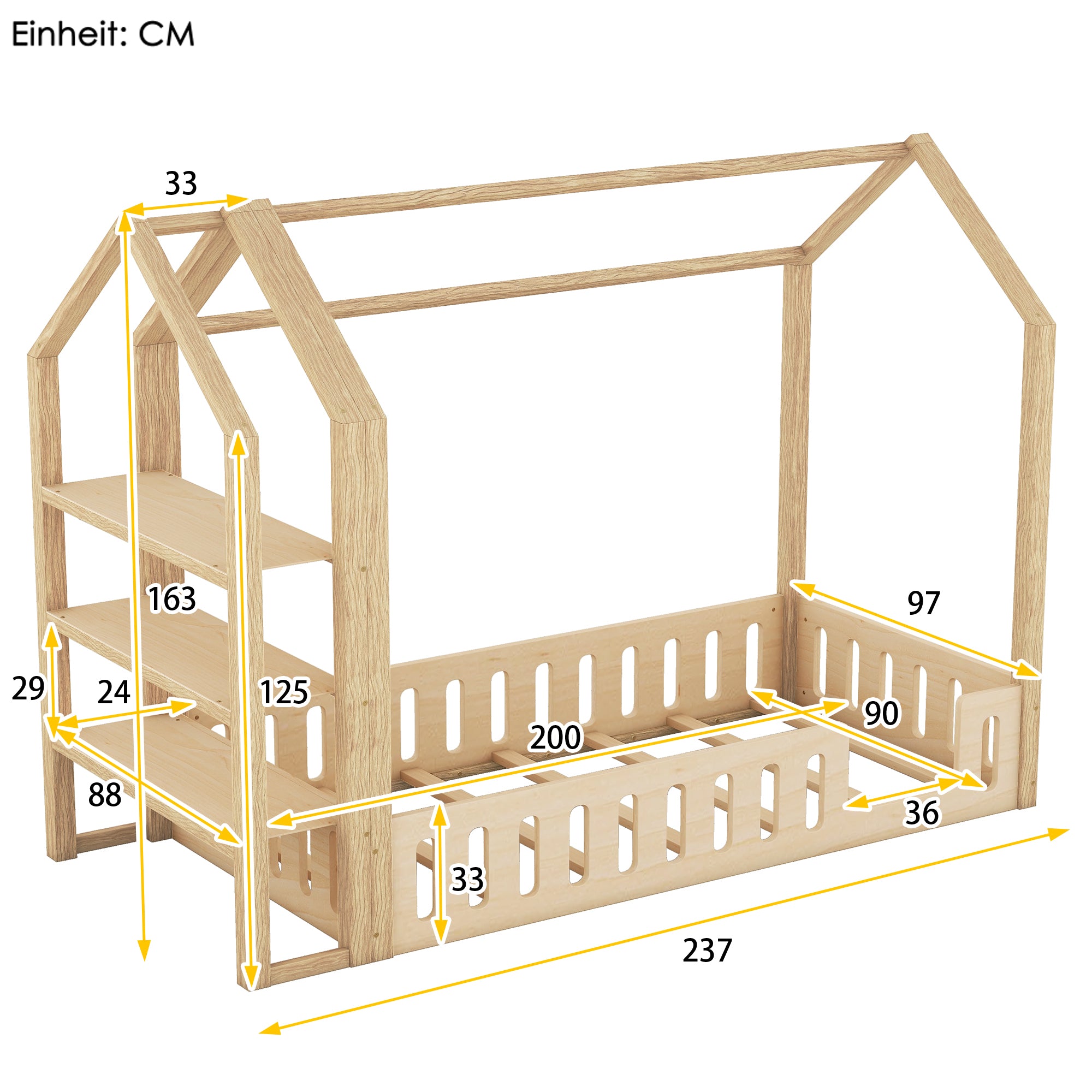 Lits enfants 90 x 200 cm, lits plats, lits maison avec balustrade, lits enfants avec 3 étagères, blanc