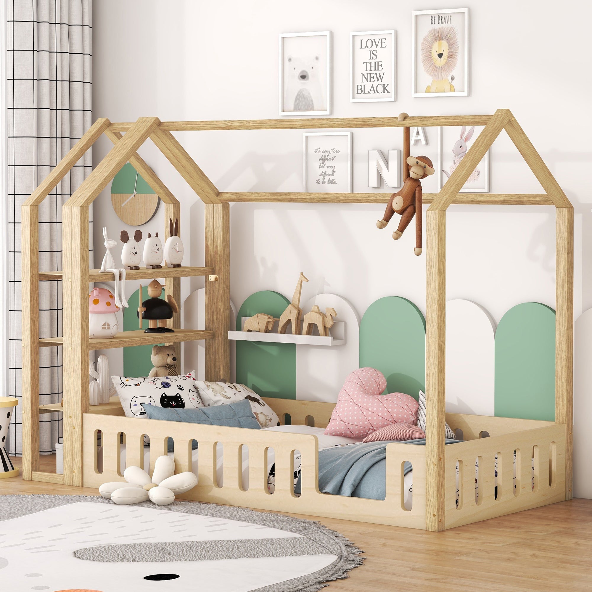 Lits enfants 90 x 200 cm, lits plats, lits maison avec balustrade, lits enfants avec 3 étagères, blanc