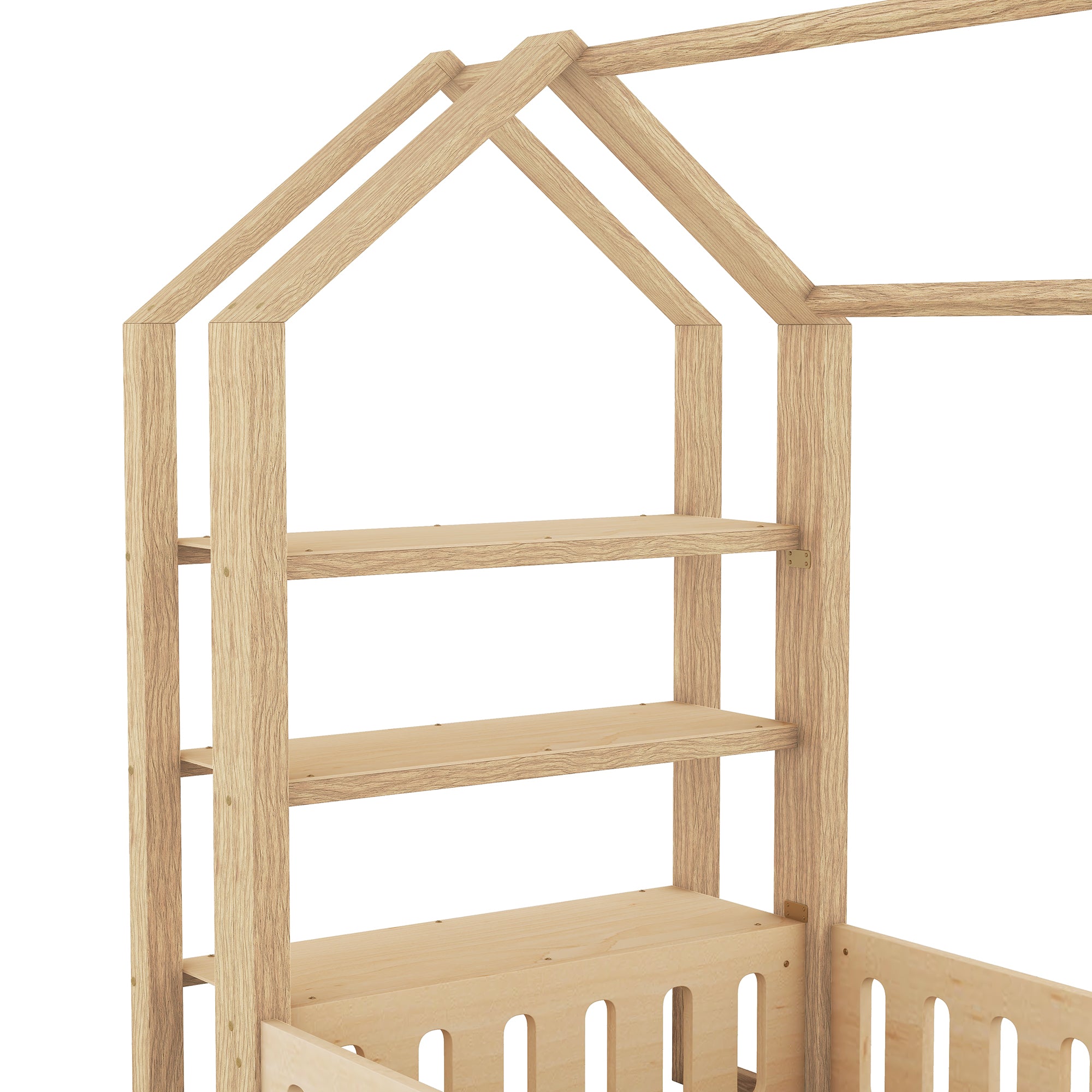 Lits enfants 90 x 200 cm, lits plats, lits maison avec balustrade, lits enfants avec 3 étagères, blanc