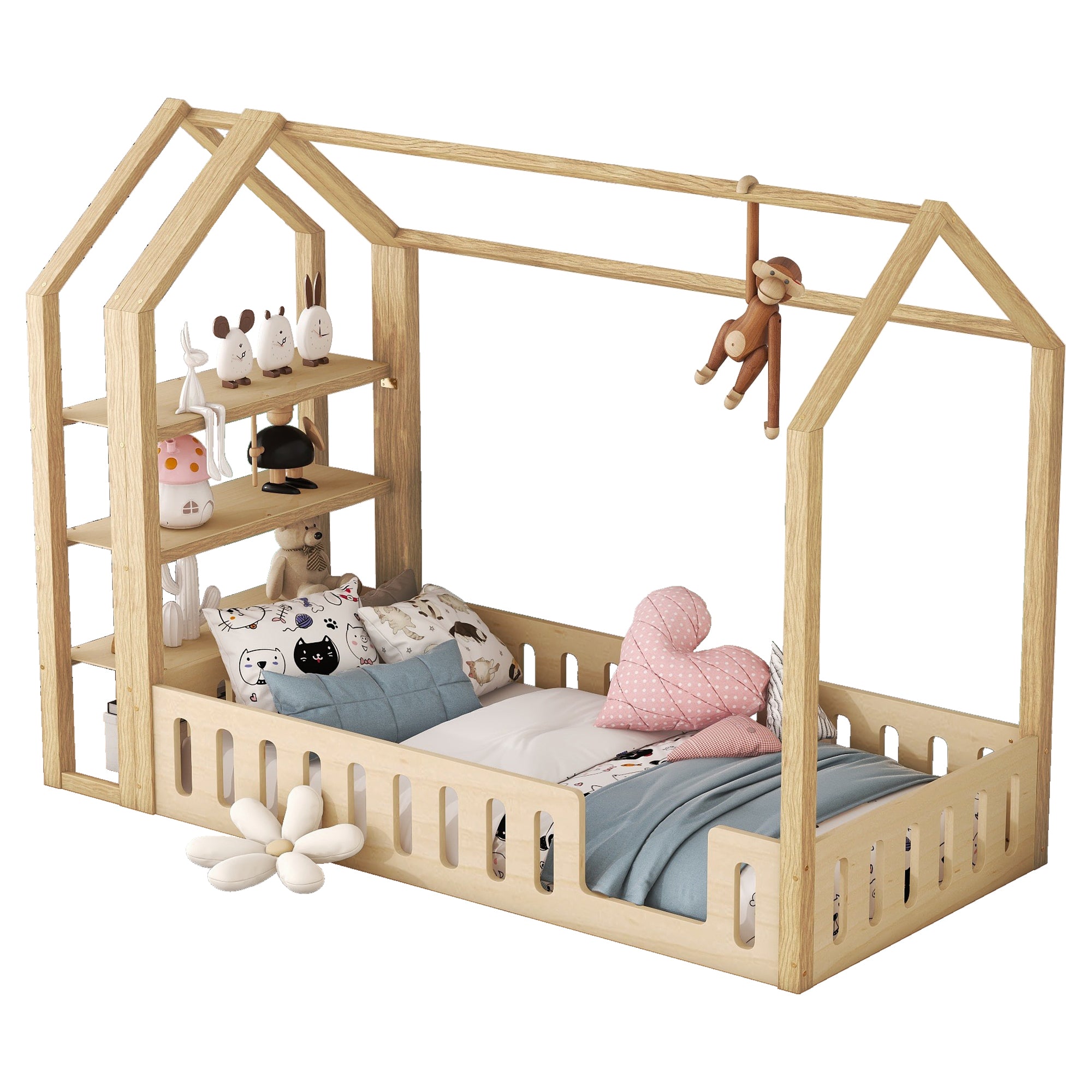 Lits enfants 90 x 200 cm, lits plats, lits maison avec balustrade, lits enfants avec 3 étagères, blanc
