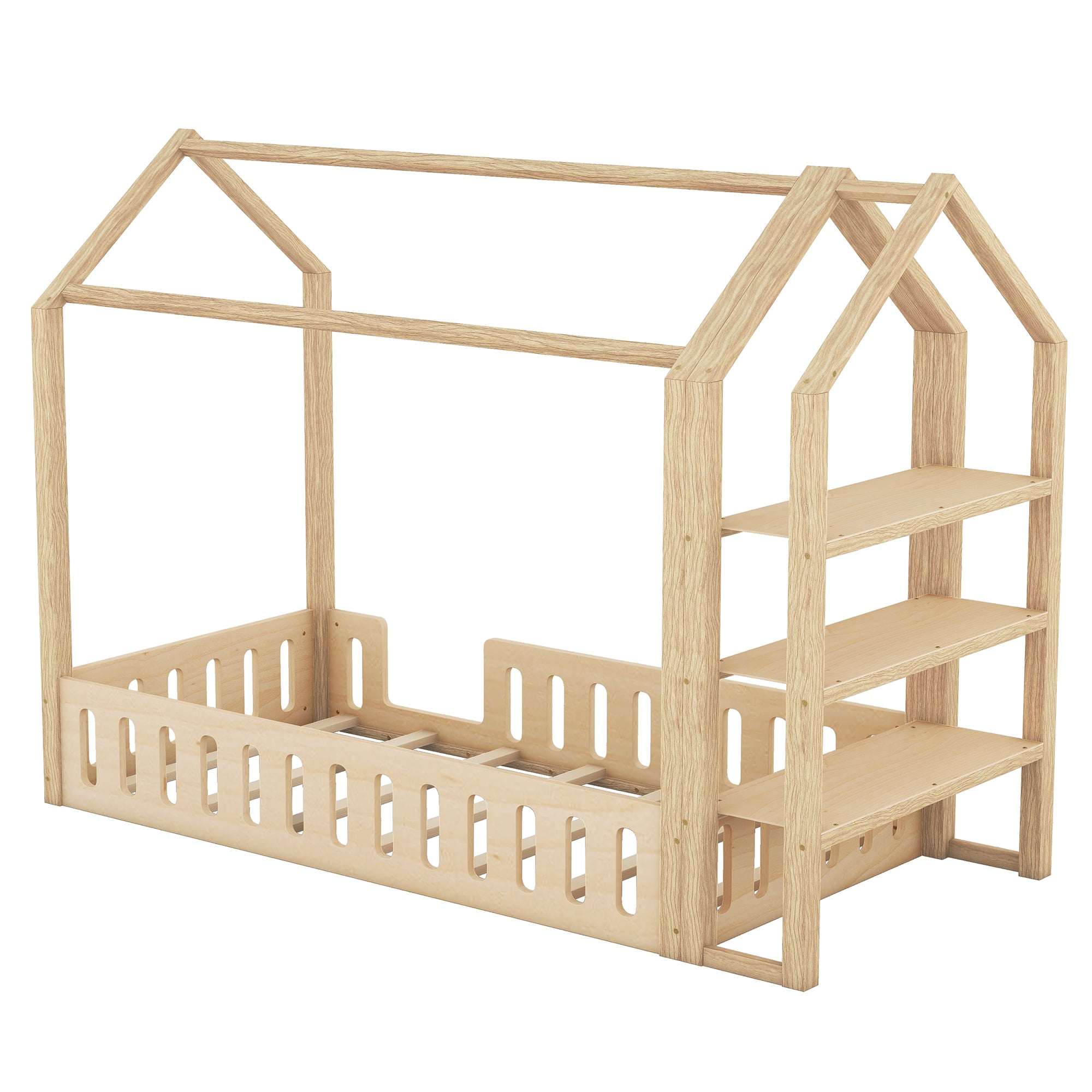 Lits enfants 90 x 200 cm, lits plats, lits maison avec balustrade, lits enfants avec 3 étagères, blanc