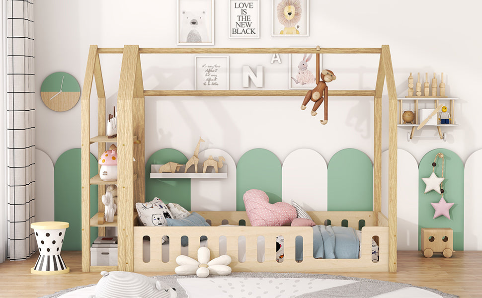 Lits enfants 90 x 200 cm, lits plats, lits maison avec balustrade, lits enfants avec 3 étagères, blanc