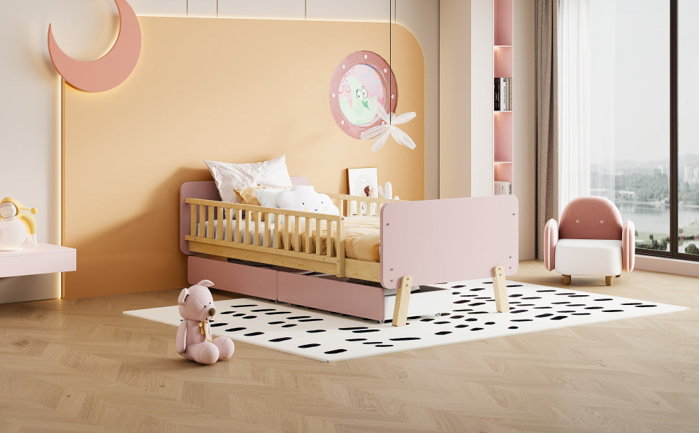 Lit enfant 90x190 avec 2 tiroirs, lit simple en bois massif avec sommier à lattes, rose