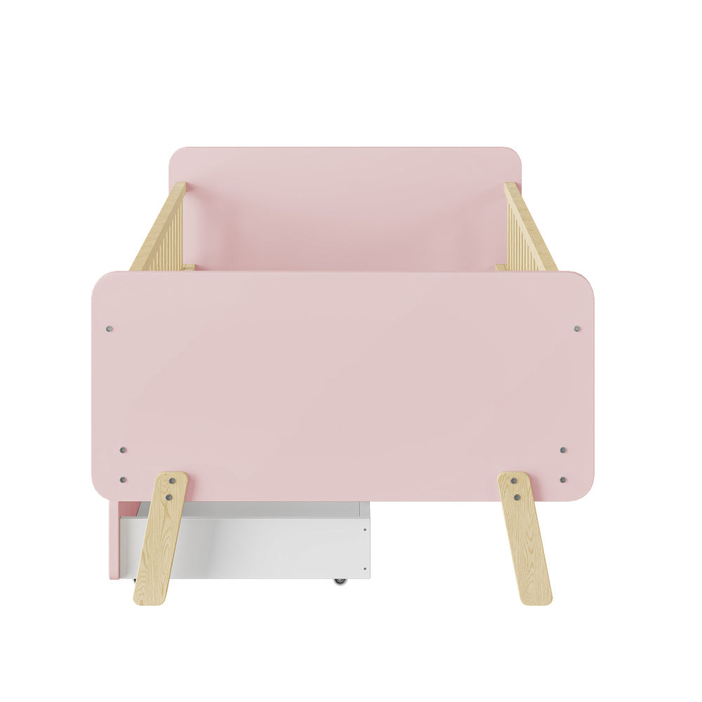 Lit enfant 90x190 avec 2 tiroirs, lit simple en bois massif avec sommier à lattes, rose
