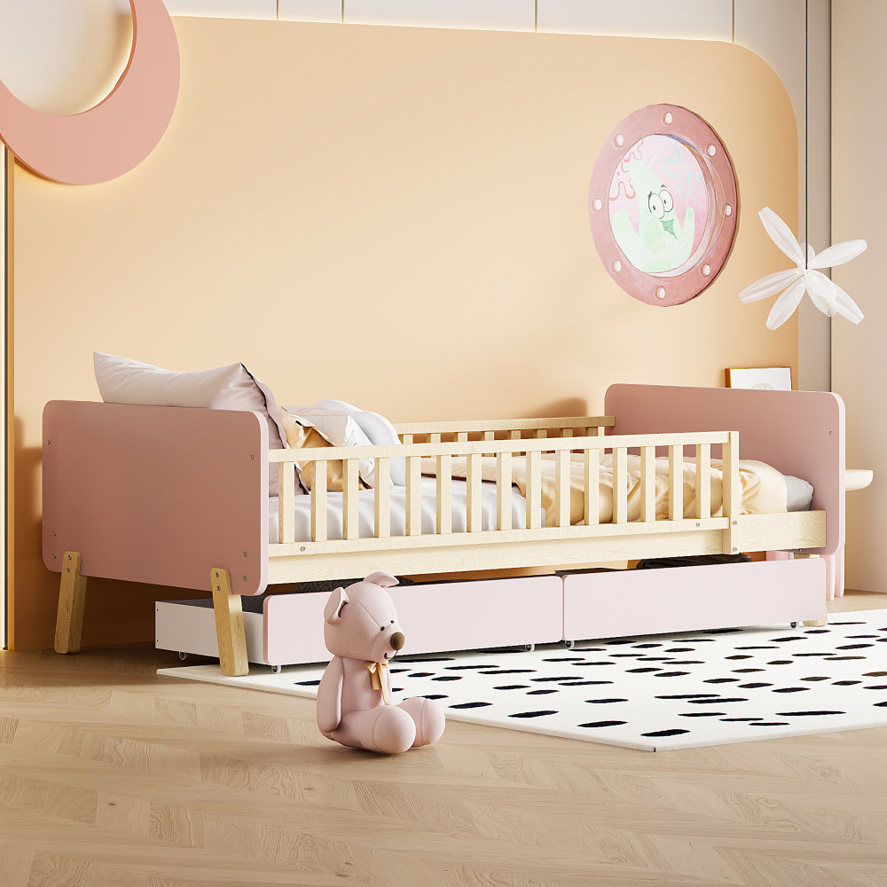 Lit enfant 90x190 avec 2 tiroirs, lit simple en bois massif avec sommier à lattes, rose