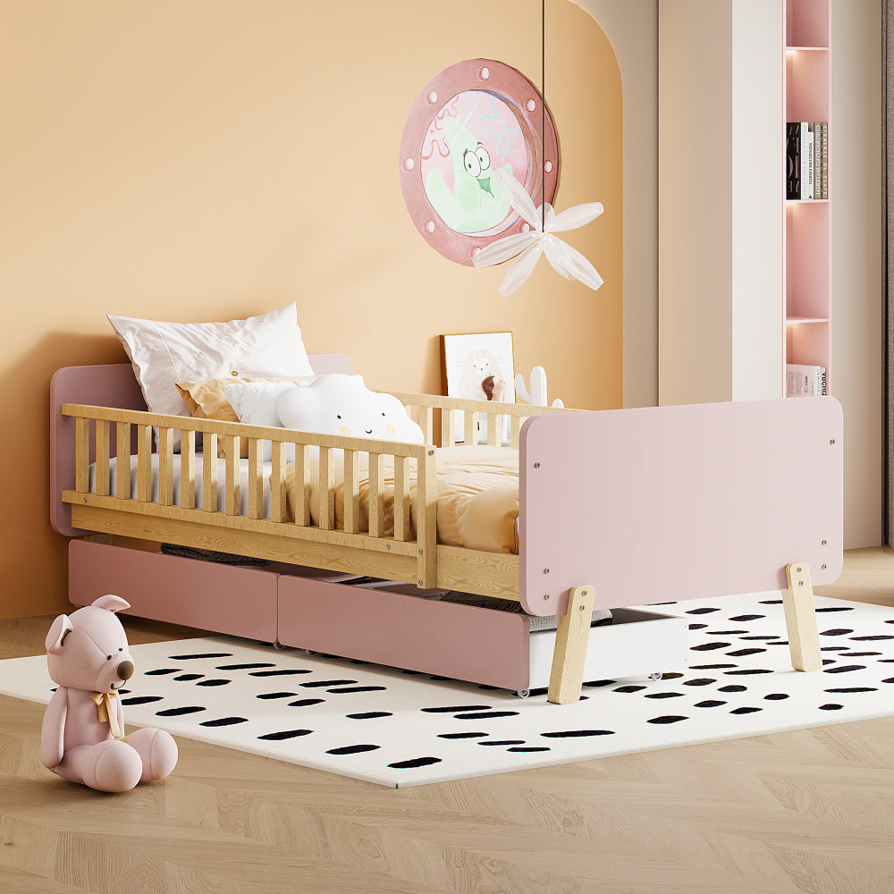 Lit enfant 90x190 avec 2 tiroirs, lit simple en bois massif avec sommier à lattes, rose