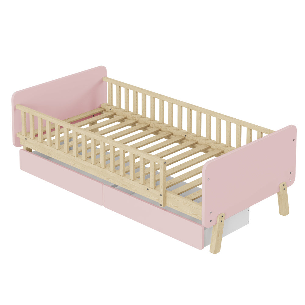Lit enfant 90x190 avec 2 tiroirs, lit simple en bois massif avec sommier à lattes, rose