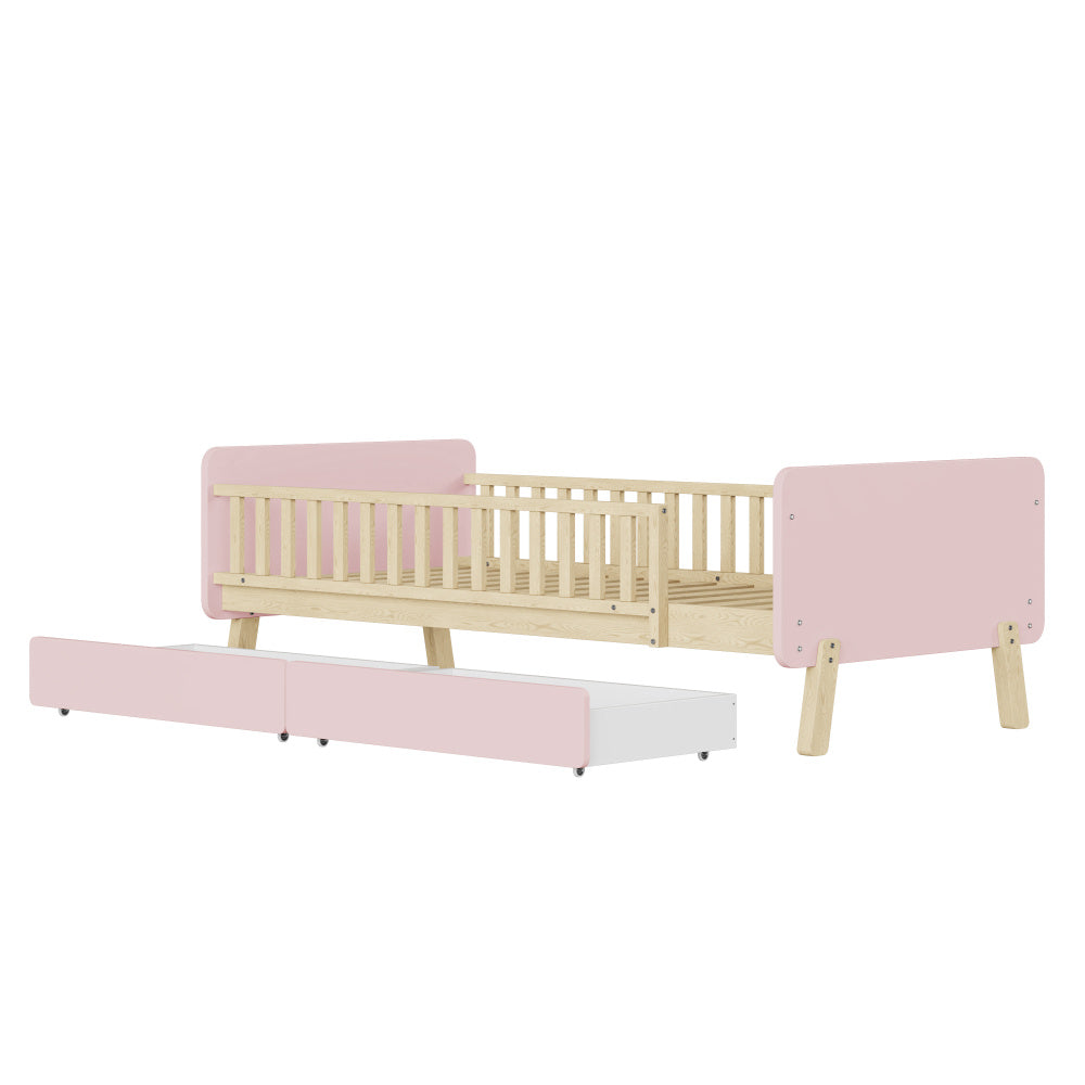 Lit enfant 90x190 avec 2 tiroirs, lit simple en bois massif avec sommier à lattes, rose