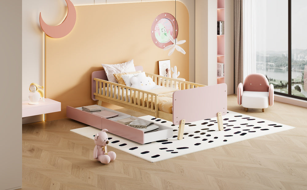 Lit enfant 90x190 avec 2 tiroirs, lit simple en bois massif avec sommier à lattes, rose