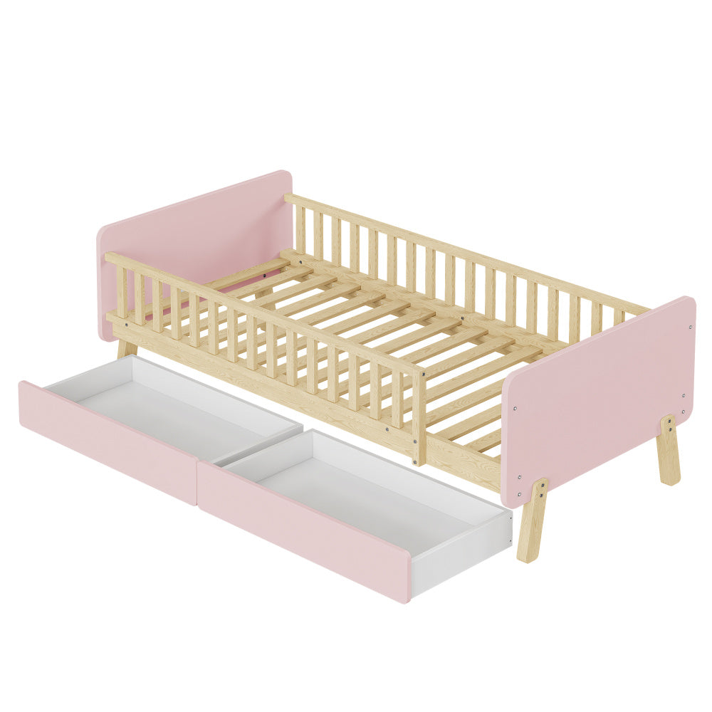 Lit enfant 90x190 avec 2 tiroirs, lit simple en bois massif avec sommier à lattes, rose