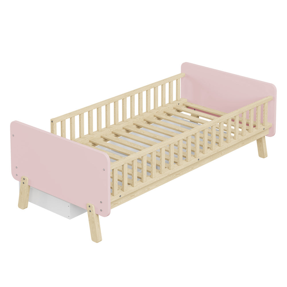 Lit enfant 90x190 avec 2 tiroirs, lit simple en bois massif avec sommier à lattes, rose