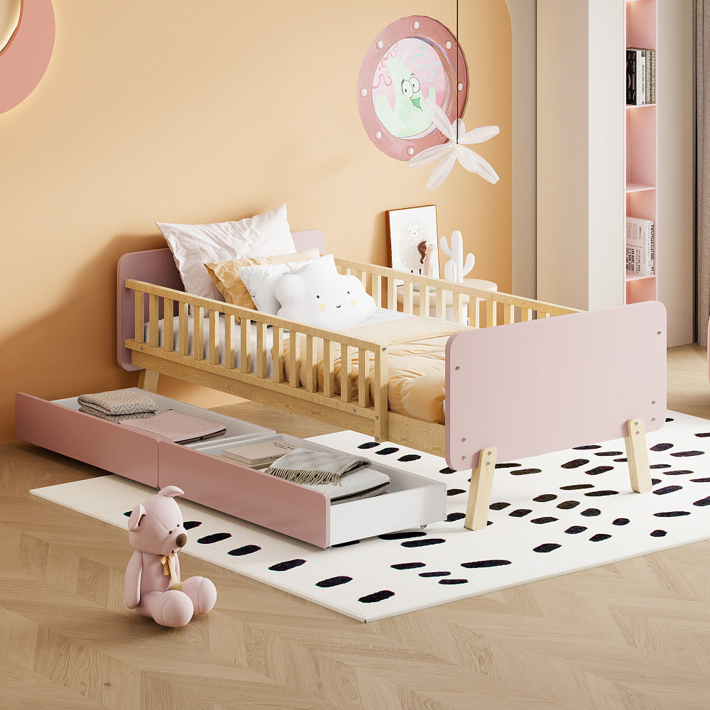 Lit enfant 90x190 avec 2 tiroirs, lit simple en bois massif avec sommier à lattes, rose