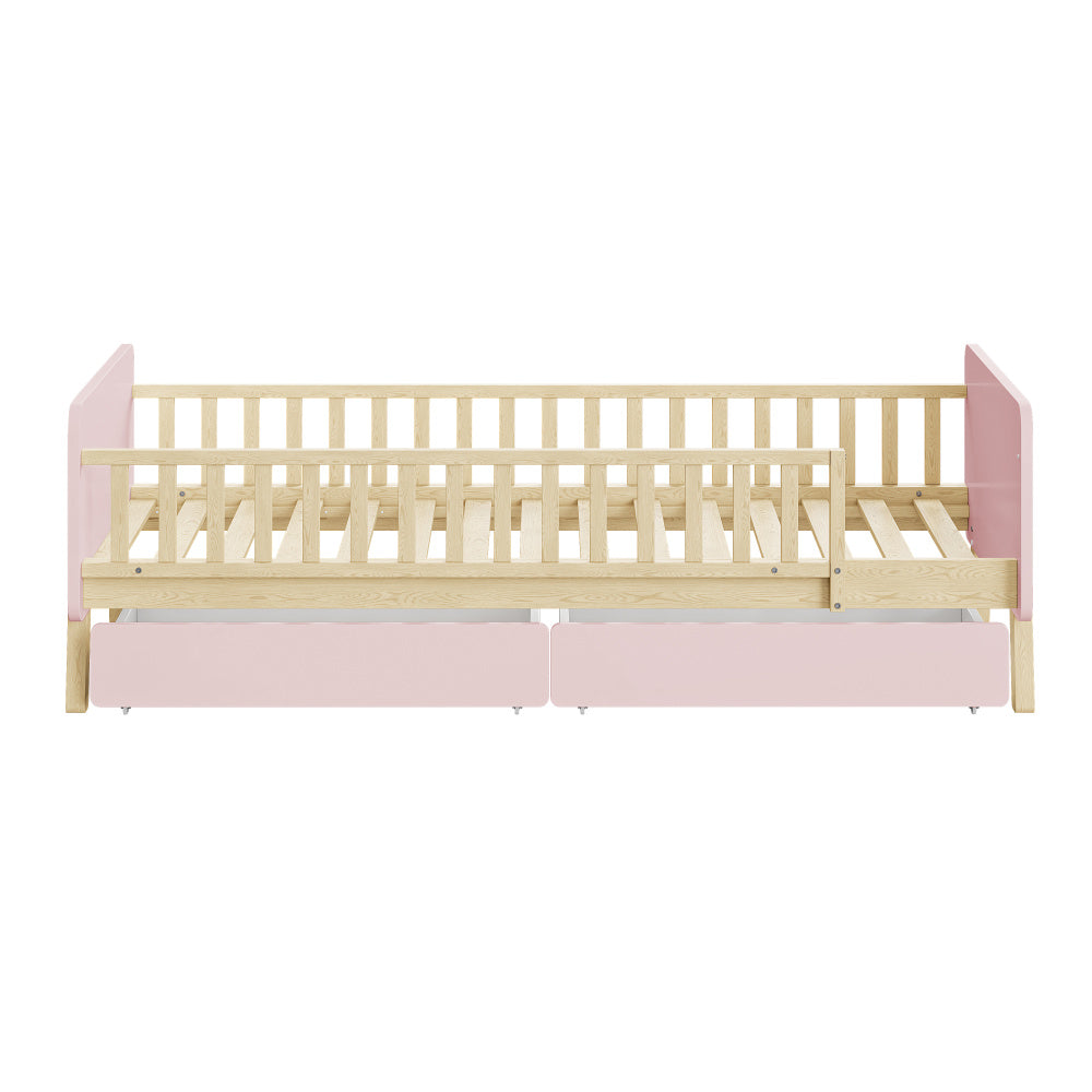 Lit enfant 90x190 avec 2 tiroirs, lit simple en bois massif avec sommier à lattes, rose