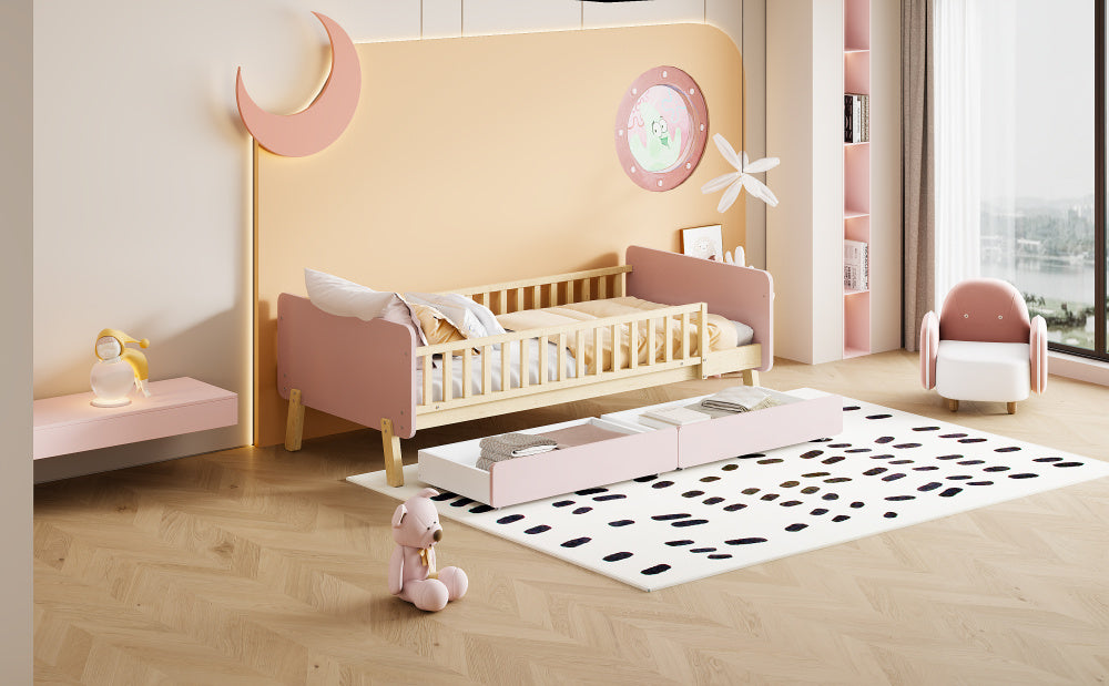 Lit enfant 90x190 avec 2 tiroirs, lit simple en bois massif avec sommier à lattes, rose