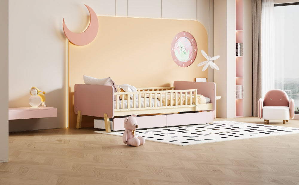 Lit enfant 90x190 avec 2 tiroirs, lit simple en bois massif avec sommier à lattes, rose