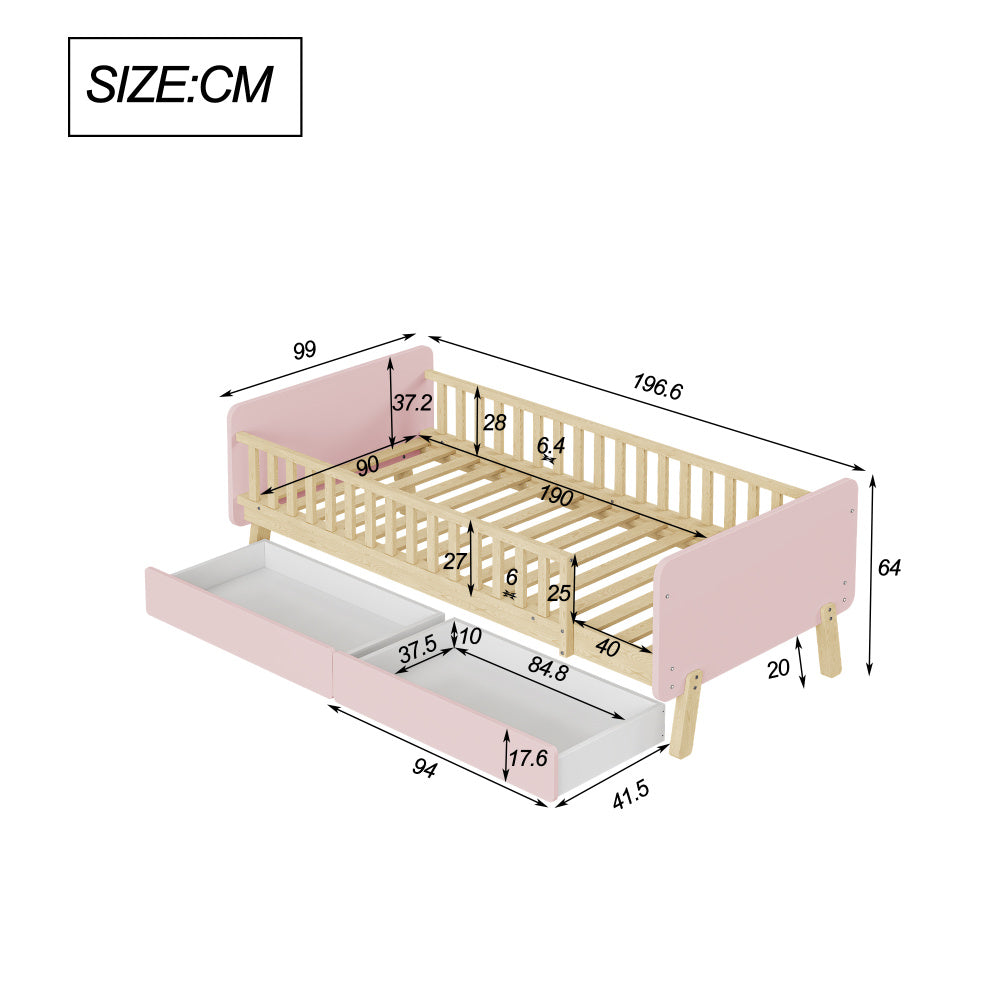 Lit enfant 90x190 avec 2 tiroirs, lit simple en bois massif avec sommier à lattes, rose