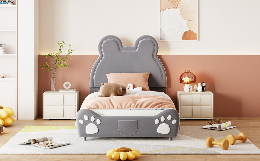 Lit capitonné Magnifique lit enfant, 90 x 200 cm, forme ours.Lit simple en velours doux pour la peau, blanc