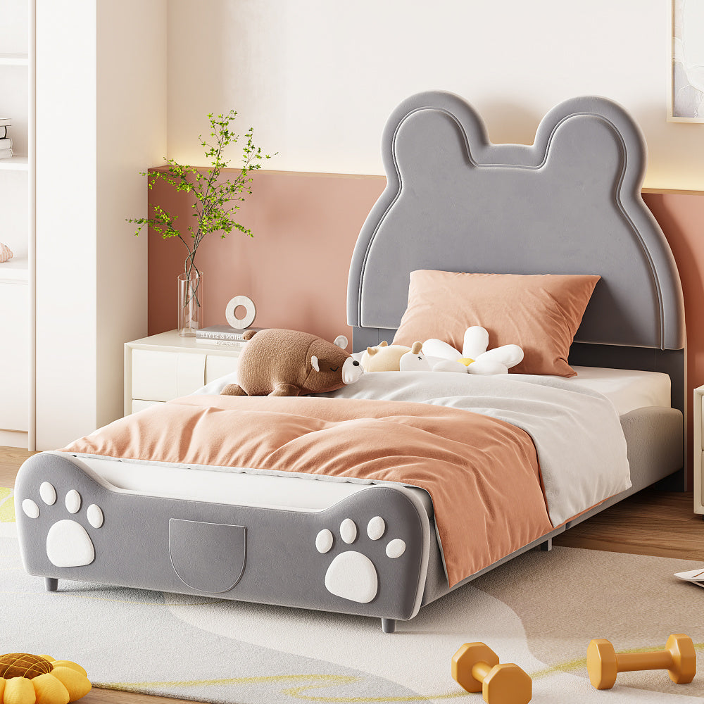 Lit capitonné Magnifique lit enfant, 90 x 200 cm, forme ours.Lit simple en velours doux pour la peau, blanc