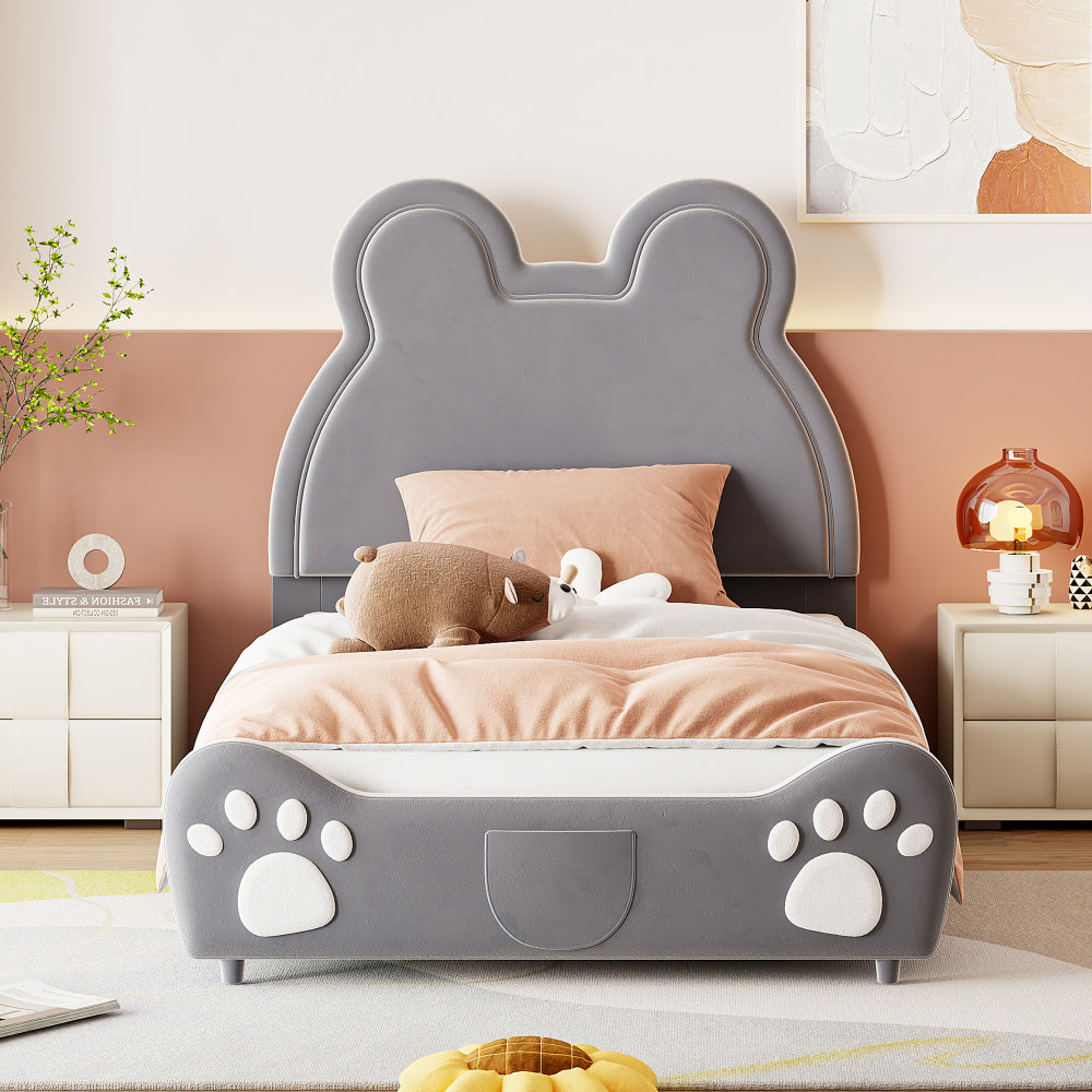Lit capitonné Magnifique lit enfant, 90 x 200 cm, forme ours.Lit simple en velours doux pour la peau, blanc