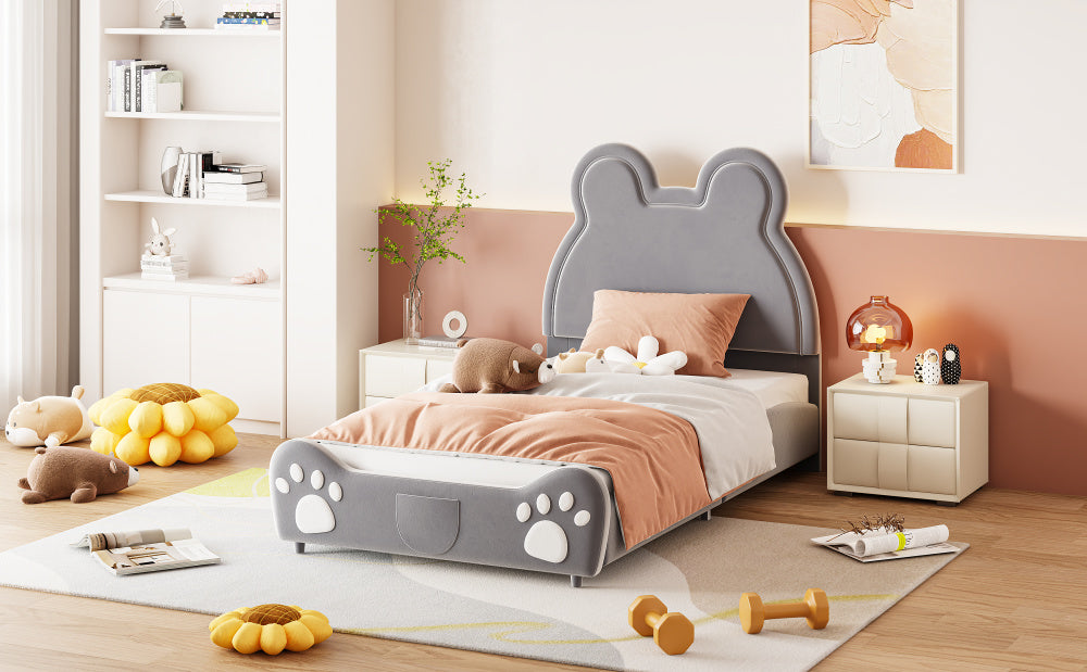 Lit capitonné Magnifique lit enfant, 90 x 200 cm, forme ours.Lit simple en velours doux pour la peau, blanc