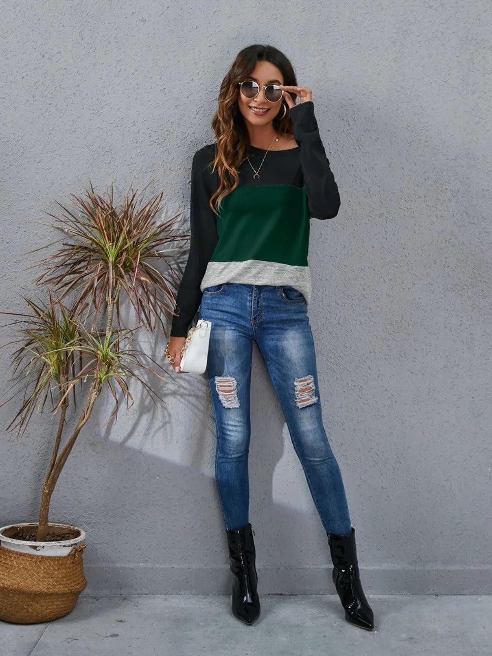 T-shirt à manches longues et col rond à blocs de couleurs