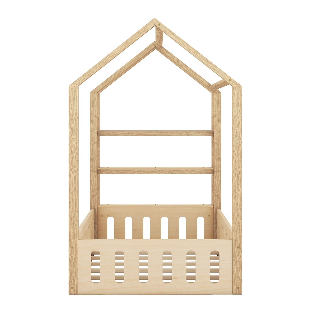 Lits enfants 90 x 200 cm, lits plats, lits maison avec balustrade, lits enfants avec 3 étagères, blanc
