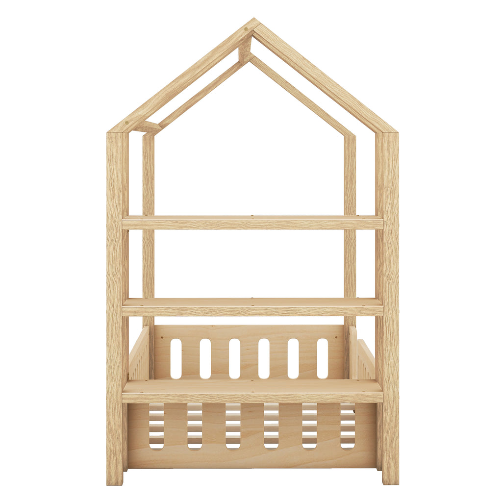 Lits enfants 90 x 200 cm, lits plats, lits maison avec balustrade, lits enfants avec 3 étagères, blanc