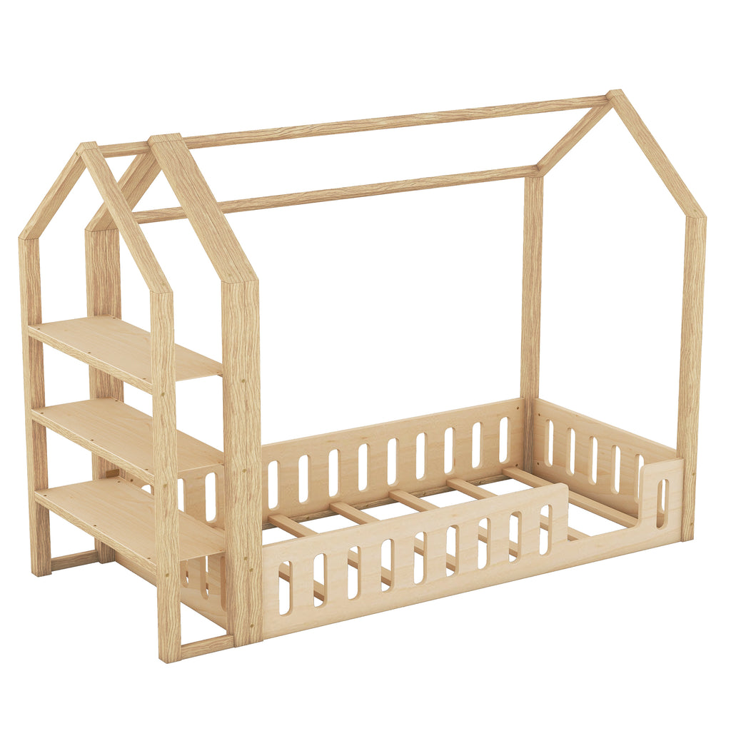 Lits enfants 90 x 200 cm, lits plats, lits maison avec balustrade, lits enfants avec 3 étagères, blanc