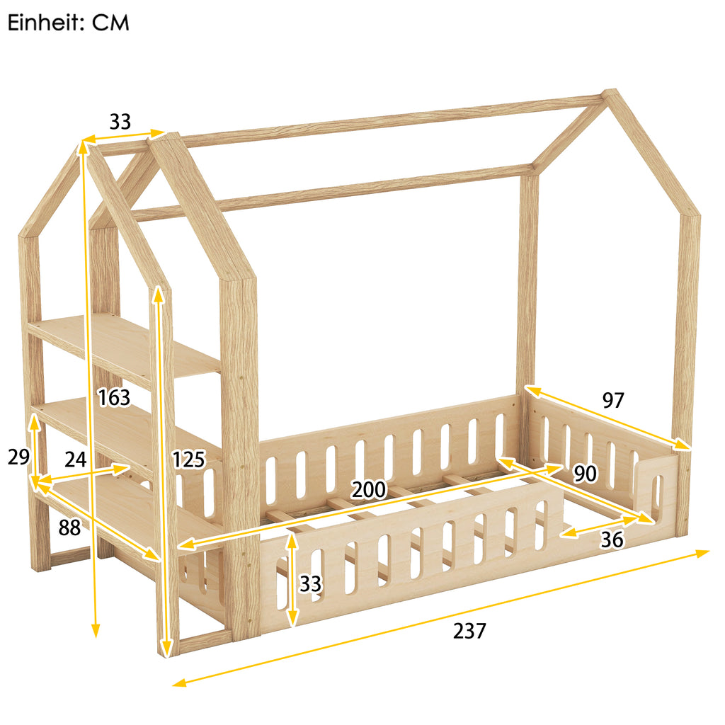 Lits enfants 90 x 200 cm, lits plats, lits maison avec balustrade, lits enfants avec 3 étagères, blanc