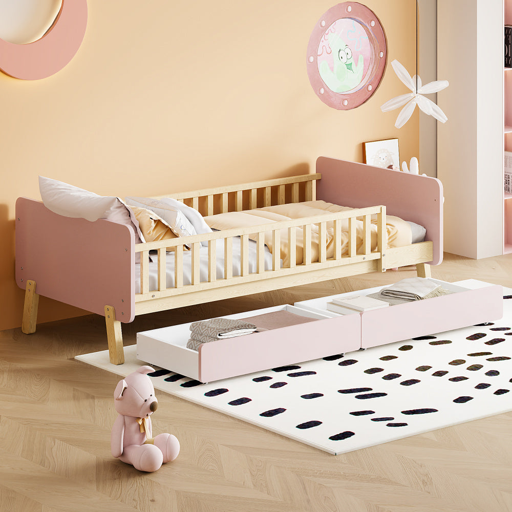 Lit enfant 90x190 avec 2 tiroirs, lit simple en bois massif avec sommier à lattes, rose