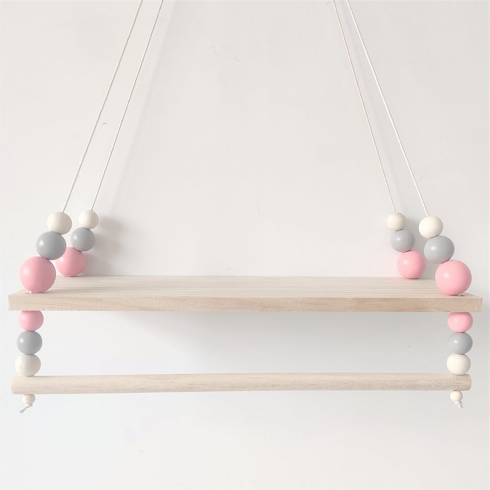 INS Nordic Style High-end Wooden Beads Double-layer Storage Price Children&#039;s Room Soft Decoration Wall Decoration Double-layer Doll Storage Rack